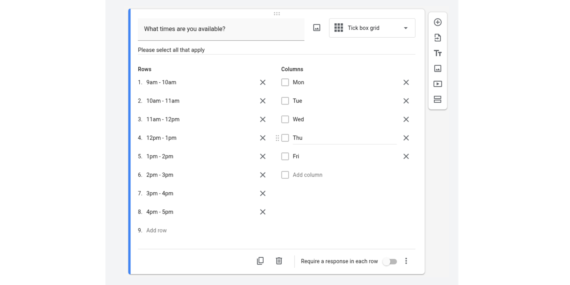Creating tick box grid in Google Forms to allow clients to select preferred time slot